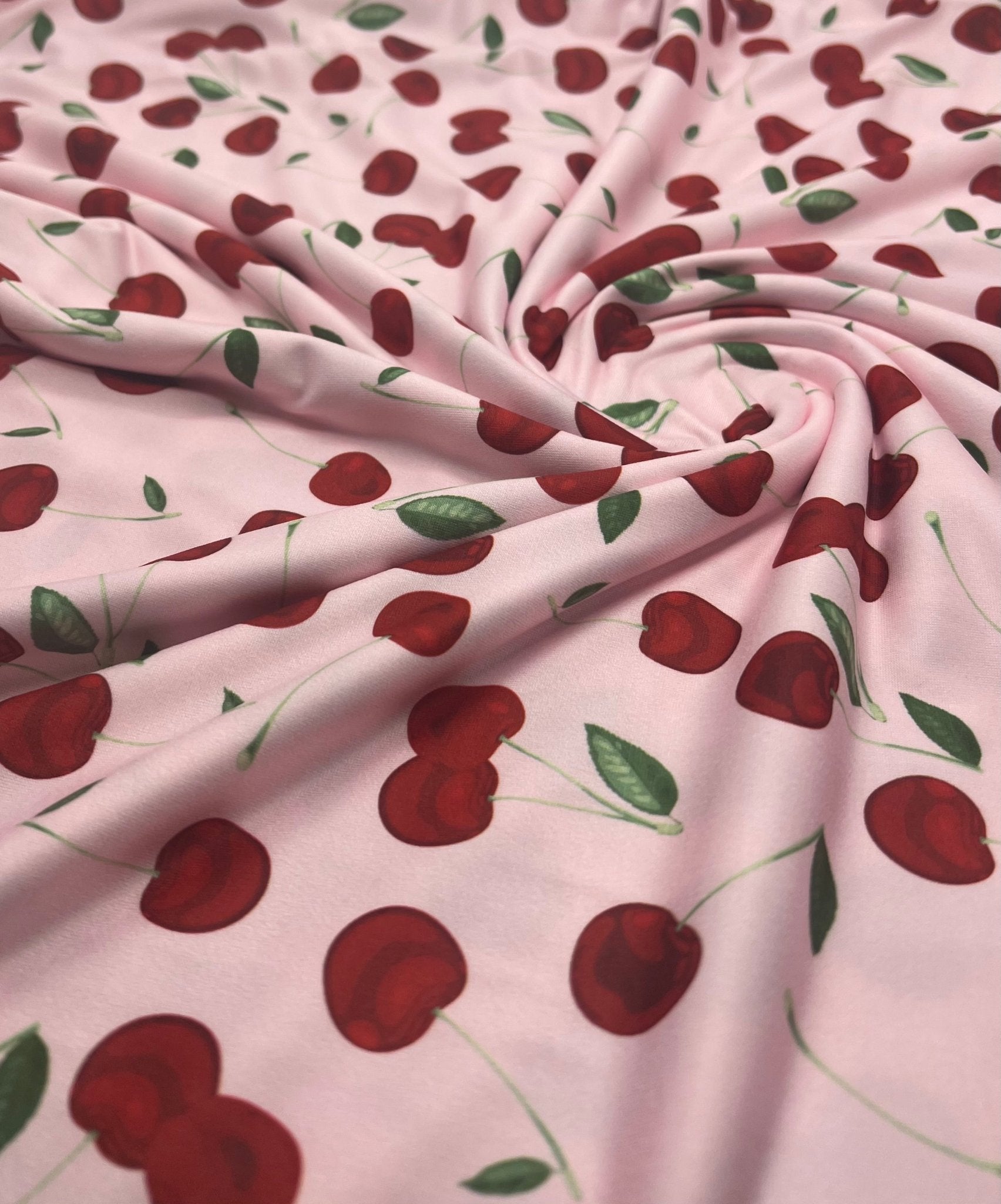 Pink Large Cherry Print Super Soft Spun Poly Stretch Fabric - T9 Fabrics